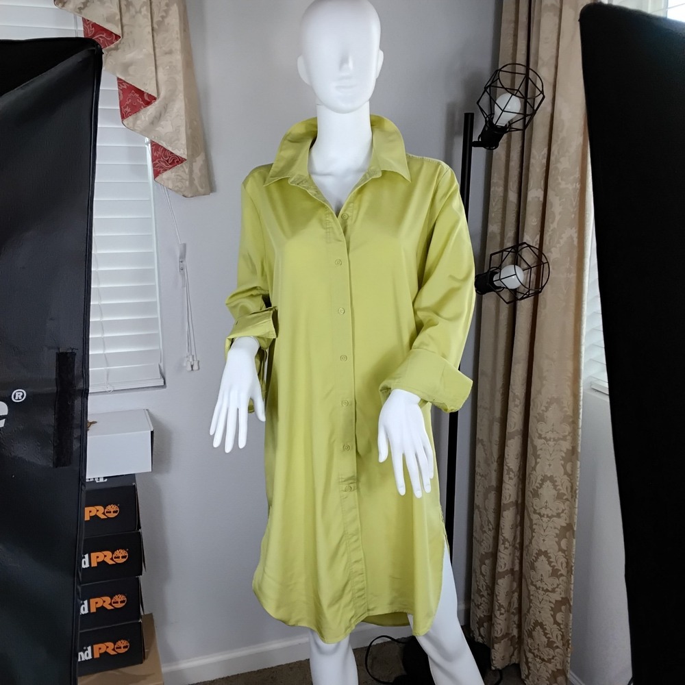 H&M Lime Green Shirt Dress Long Sleeve Button Down Oversized Tunic Top Medium